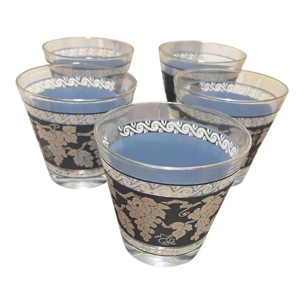 5 Jeanette Glass Jasperware Wild Grapes Rocks Glasses Wedgwood Blue Midcentury